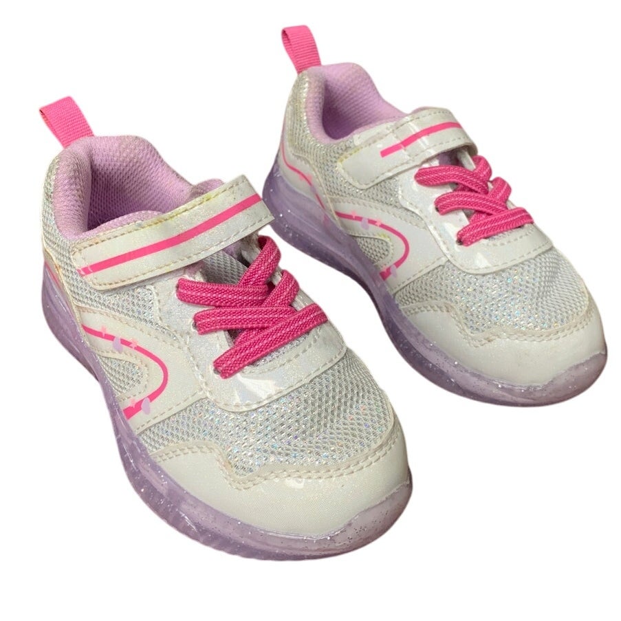 Yeskis Toddler Girls Size 8 Silver Pink Sneakers Hook Loop Close Light Up Shoes