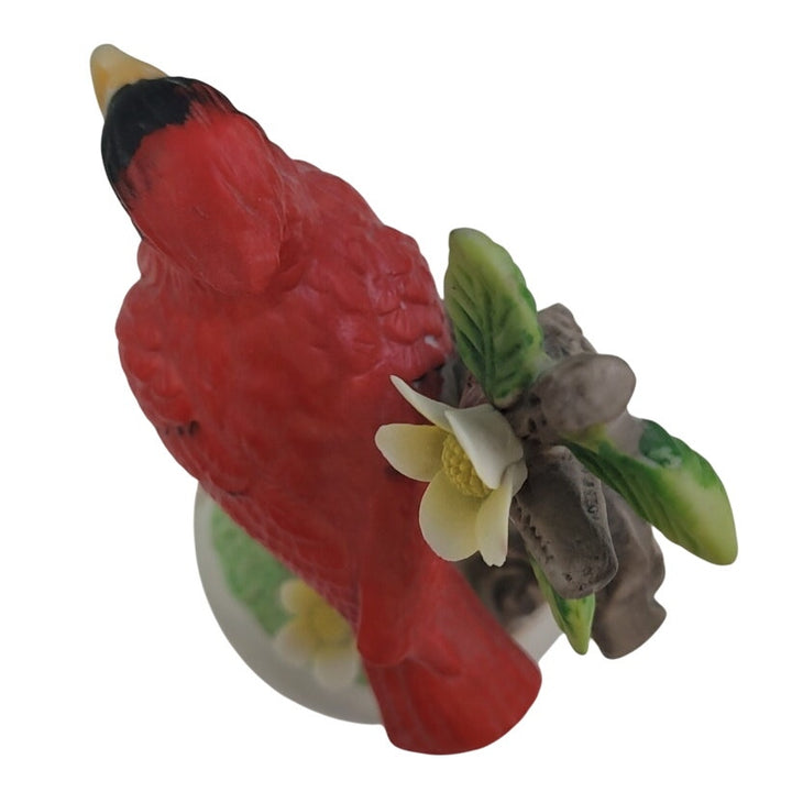 Vintage 1990s Red Cardinal Bird on Tree w Flower Ceramic Collectible Figurine