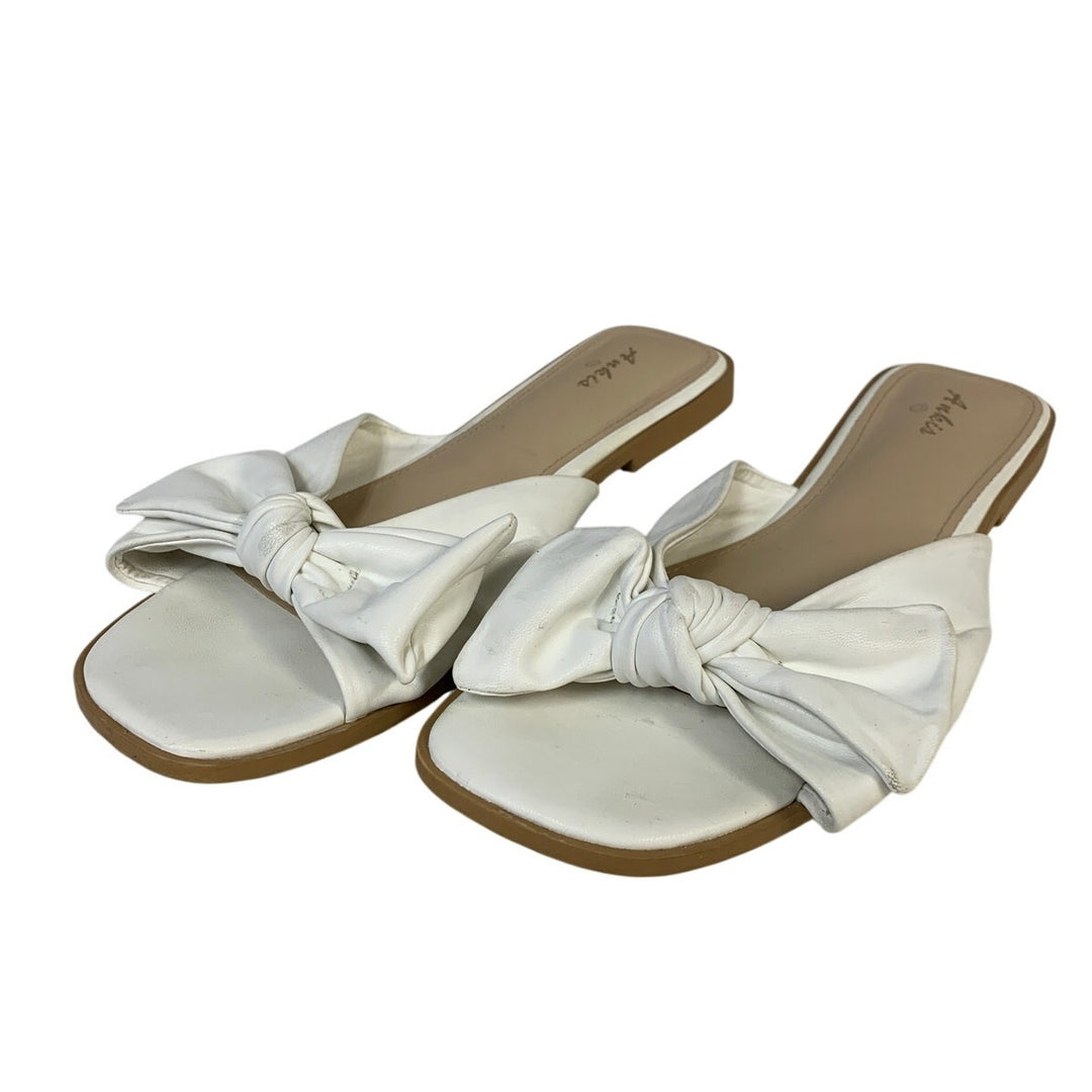 Ankis Womens Size 11 White Faux Leather Bow Flat Slip On Open Toe Sandal Shoes