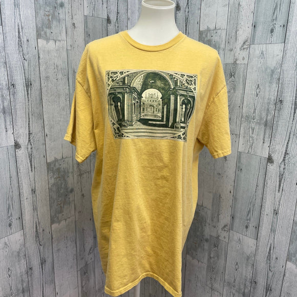 Hand Printed Mens XL Upcycled Architecture Columns Castle Short Sleeve Tee Shirt