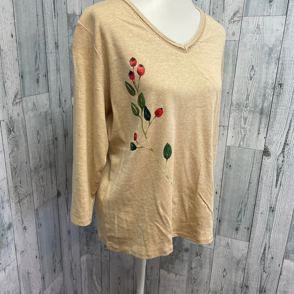 Hand Printed Upcycled Womens Size 1X Cottage Core Berry Long Sleeve Tee Shirt