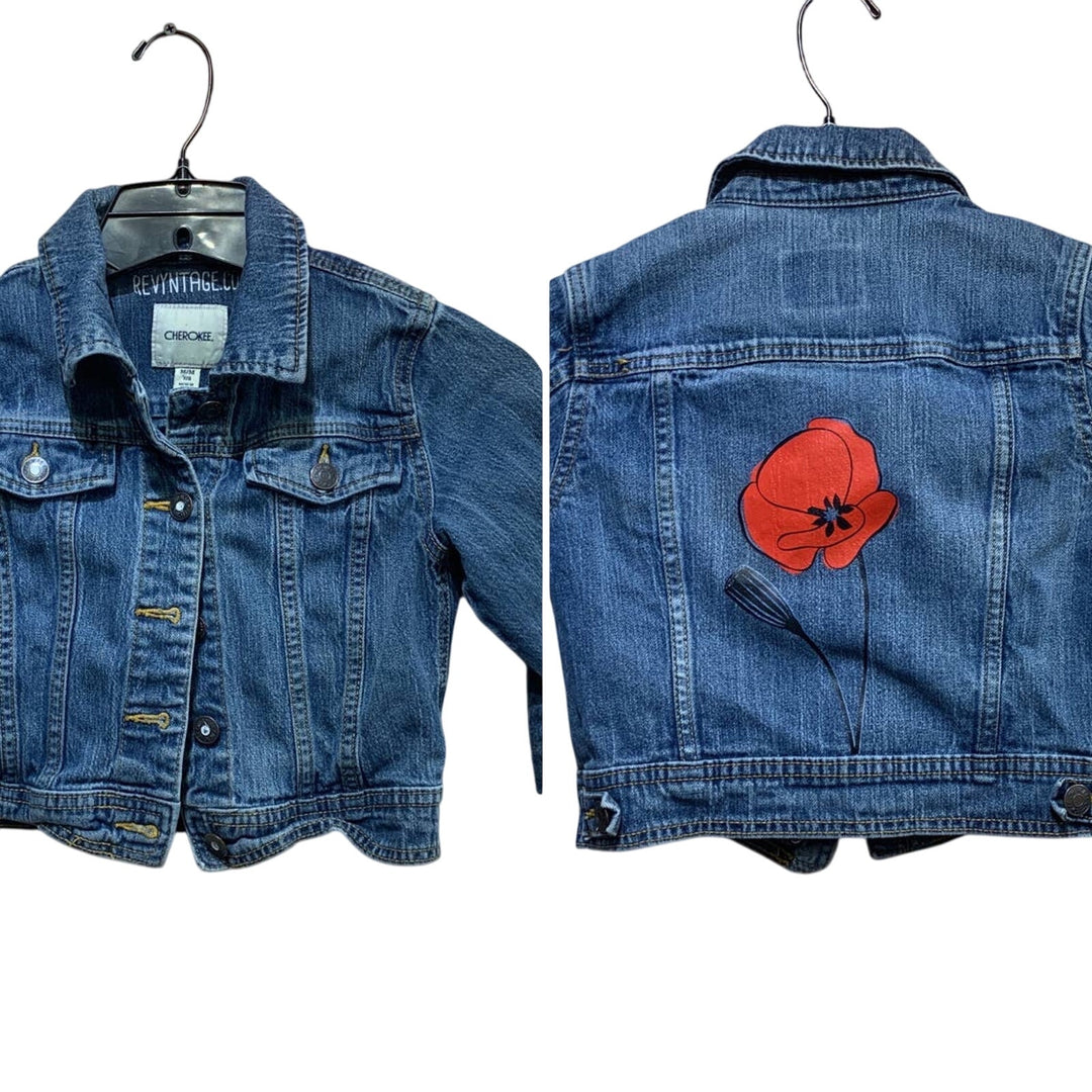 Hand Printed Upcycled Girls Medium Red Poppy Flower Denim Button Up Jean Jacket