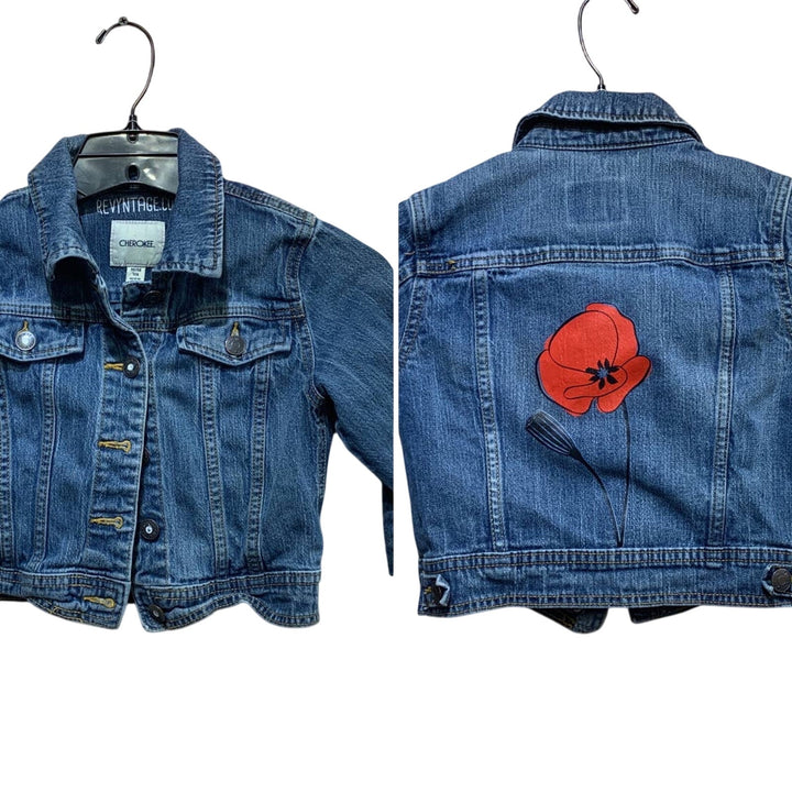 Hand Printed Upcycled Girls Medium Red Poppy Flower Denim Button Up Jean Jacket