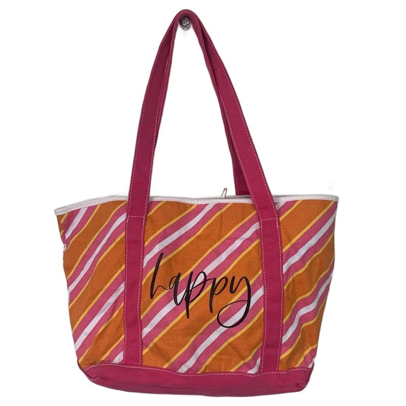 Upcycled Hand Printed Happy Beach Interior Pockets Canvas Double Handle Tote Bag