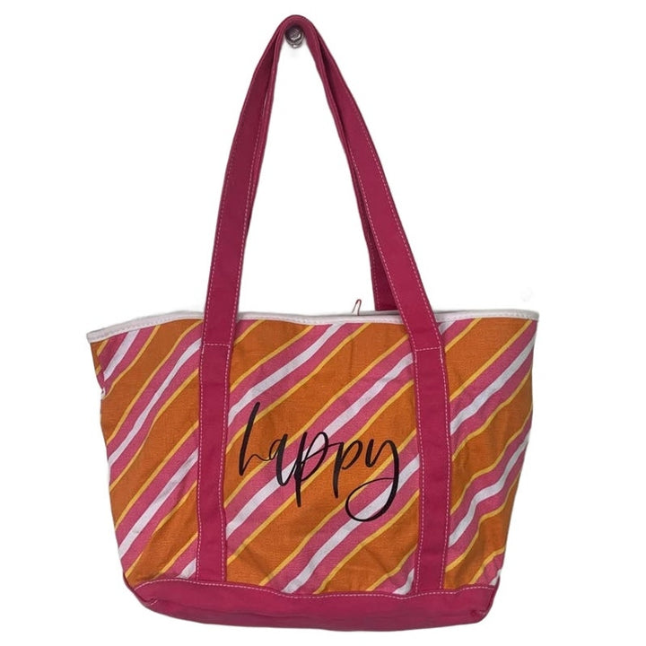 Upcycled Hand Printed Happy Beach Interior Pockets Canvas Double Handle Tote Bag