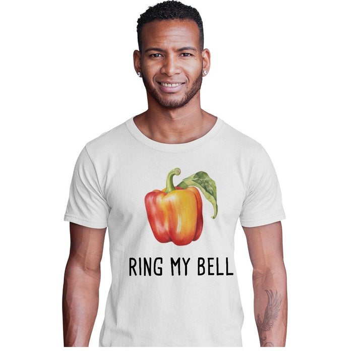 New Hand Printed Adult Large Ring My Bell Pepper Veggie Short Sleeve Tee Shirt
