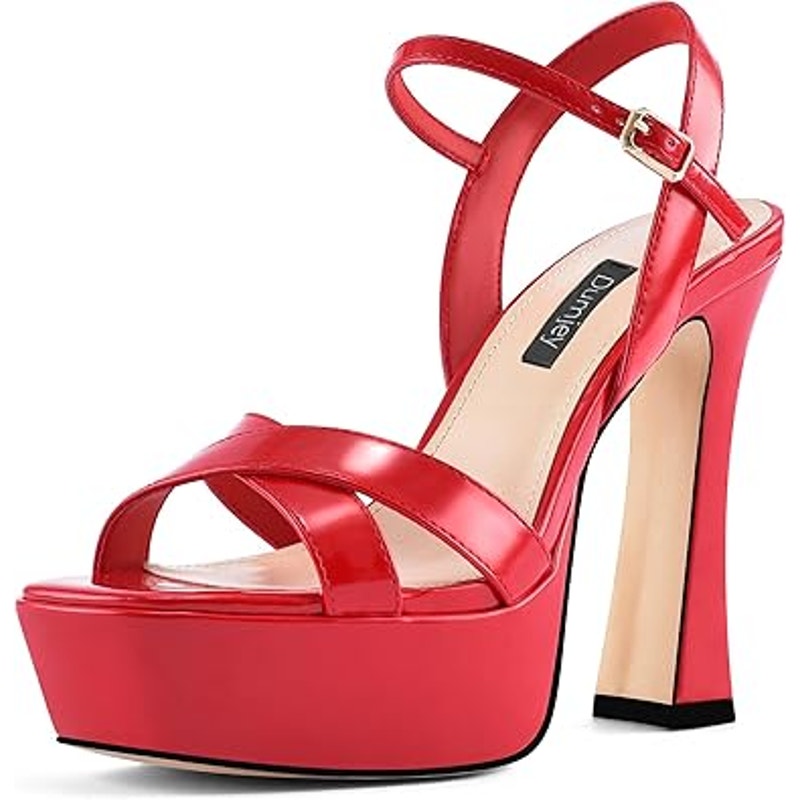 Dumjey Womens 8 Red Faux Leather 5" Heel Platform Open Toe Ankle Strap Shoes