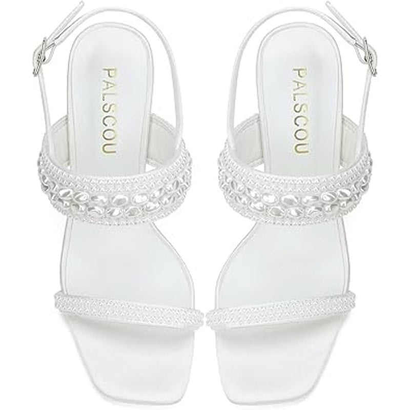 Palscou Womens Size 8.5 White Pearl 3.5" Chunky Heel Open Square Toe Shoes
