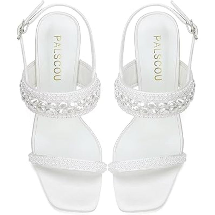 Palscou Womens Size 8.5 White Pearl 3.5" Chunky Heel Open Square Toe Shoes