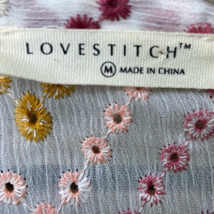 New Lovestitch Womens Medium Zigzag Sheer Embroidered Eyelet Front Tie Blouse