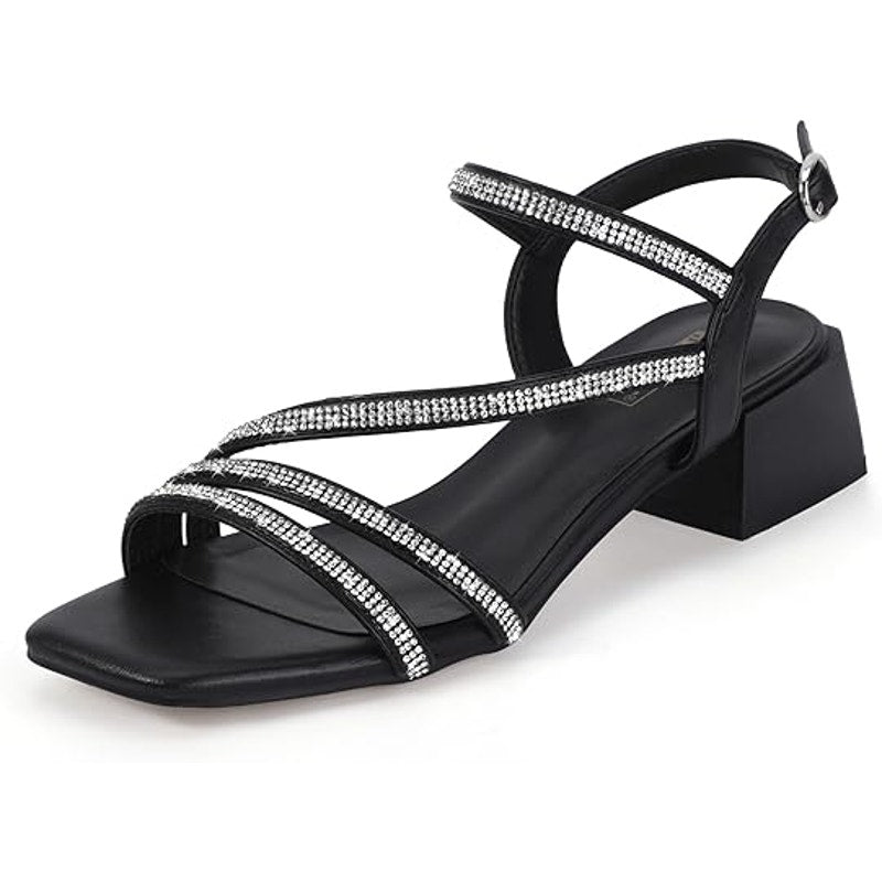 New Idifu Womens 8.5 Black Silver Rhinestone Open Toe 2" Block Heel Sandal Shoes