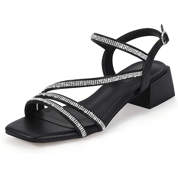 New Idifu Womens 8.5 Black Silver Rhinestone Open Toe 2" Block Heel Sandal Shoes
