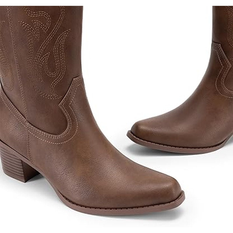 Dream Pairs Womens Size 8 Brown Faux Leather Embroidered 2.5" Heel Cowboy Boots