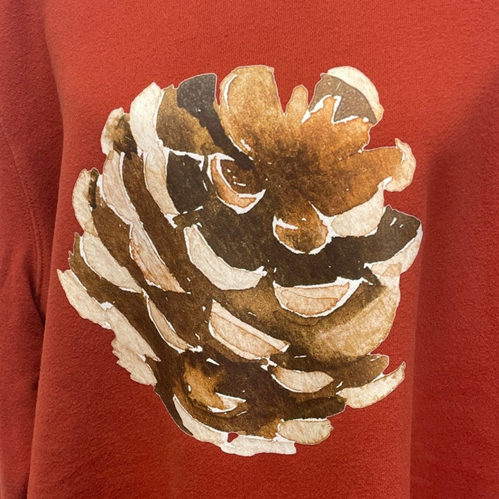 Hand Printed Upcycled Mens 2XLT Tall Woody Pine Cone Long Sleeve Sweatshirt
