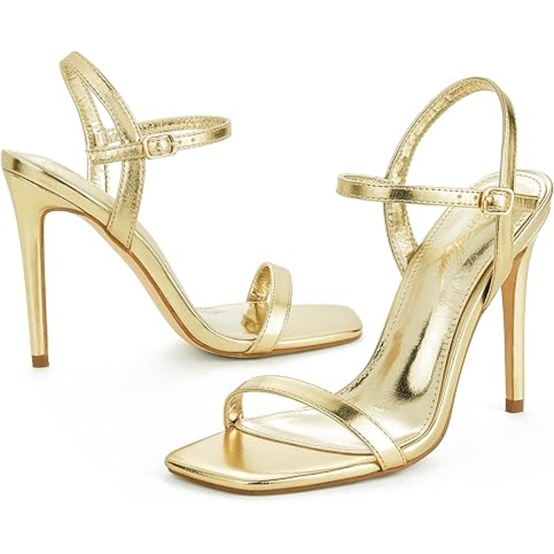 Genshuo Womens Size 6 Shiny Gold Open Toe 4" Heel Buckle Strap Sandal Shoes