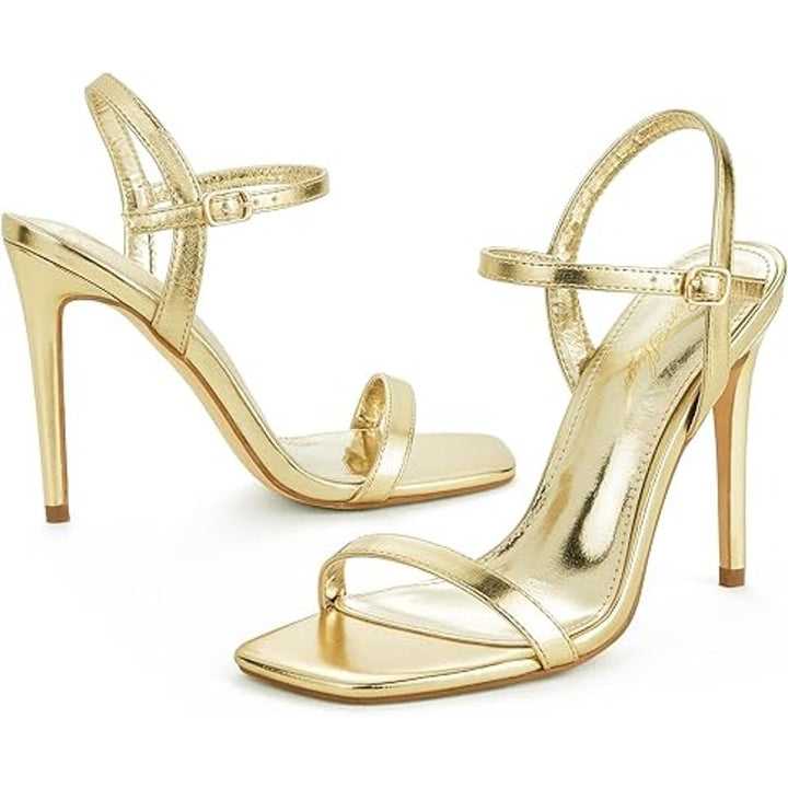 Genshuo Womens Size 6 Shiny Gold Open Toe 4" Heel Buckle Strap Sandal Shoes