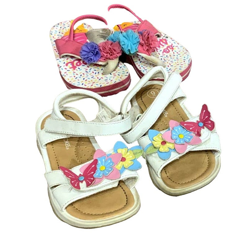 4 Pairs of Girls 7/8 9/10 Summer Polka Dot Floral Cherry Sandals Flip Flops