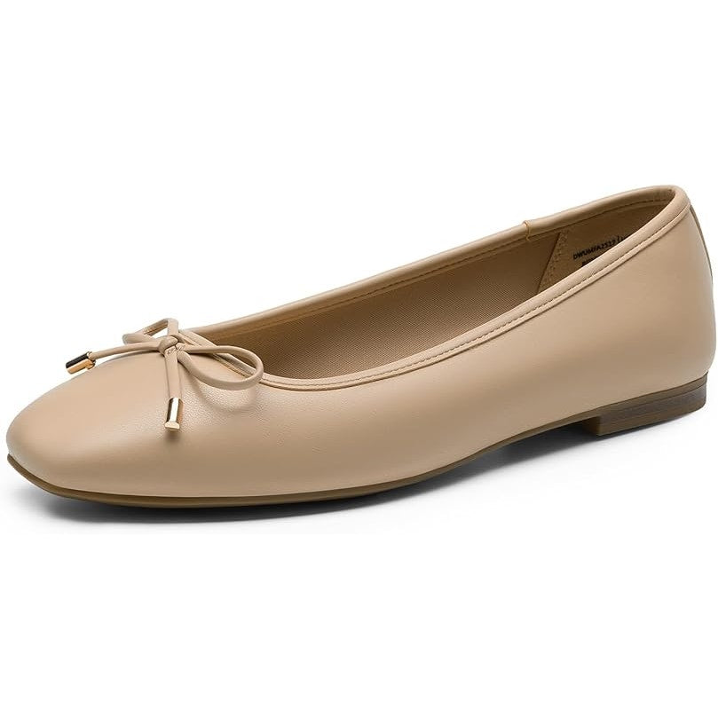 Dream Pairs Womens 6 Tan Square Closed Toe Slide On Bow Ballerina Ballet Flats