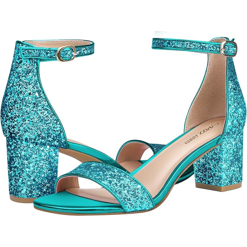 Pizz Annu Womens 6 Blue Glitter Sparkle Open Toe 2" Block Heel Ankle Strap Shoes
