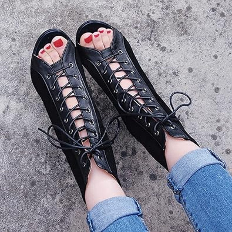 Roimaash Womens Size 9.5 Black Faux Suede Lace Up Peep Toe 4" Heel Boot Shoes
