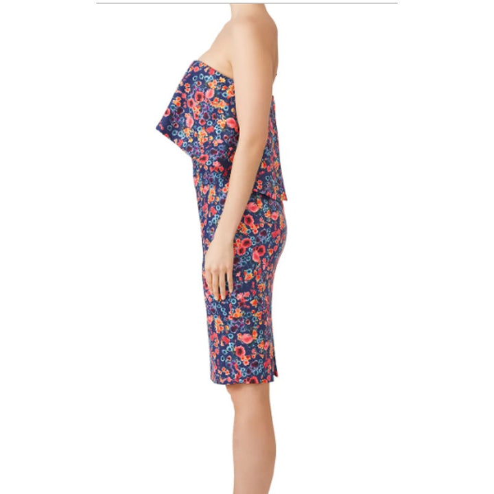 Badgley Mischka Size 10 Blue Floral Popover Sleeveless Knee Length Sheath Dress