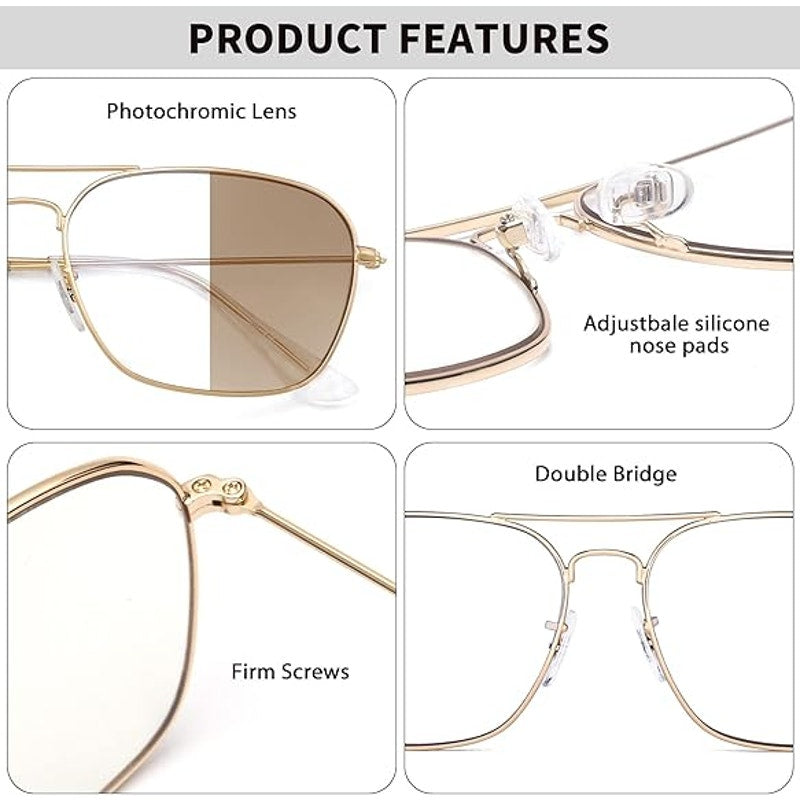 JM Aviator Mens Gold Square Photochronic Color Darkening Blue Light Glasses