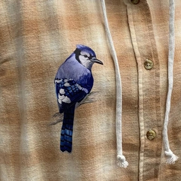 New Hand Printed Womens XL Blue Jay Bird Plaid Flannel Long Sleeve Hoodie