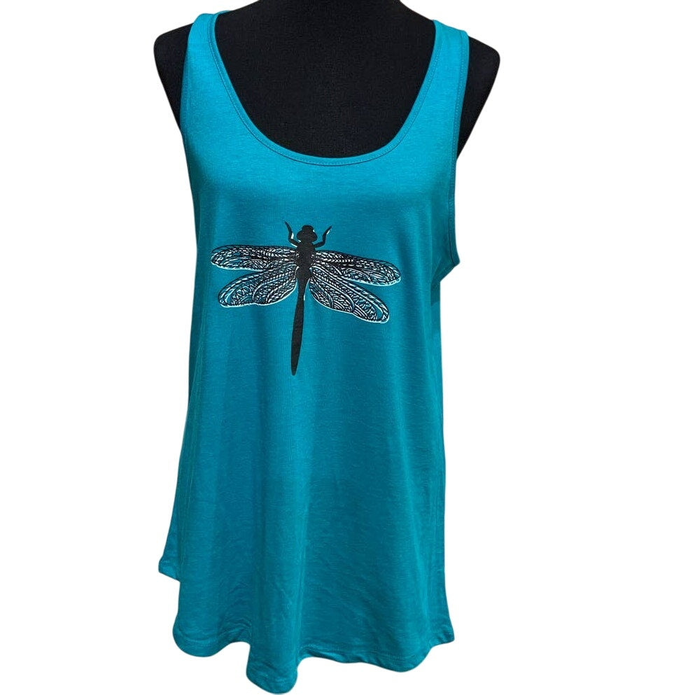 New Hand Printed Womens Large Long Dragonfly Tank Top PolyCotton Sleeveless Tee