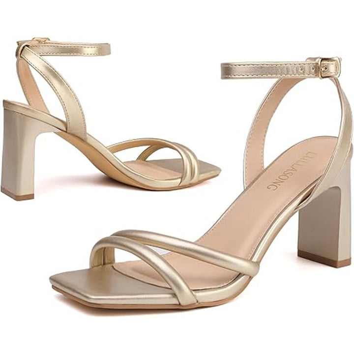 Lullasong Womens Size 10 Shiny Gold Open Toe 3.5" Heel Ankle Strap Sandals Shoes
