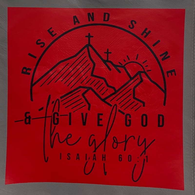 New Upcycled Hand Printed Rise &amp; Shine Give God Glory Isaiah 60:1 Tote Bag