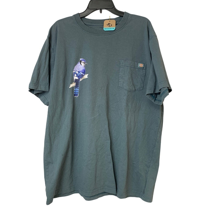 Upcycled Hand Printed Mens 2XLT Blue Jay Bird Short Sleeve Tee Shirt w Pocket