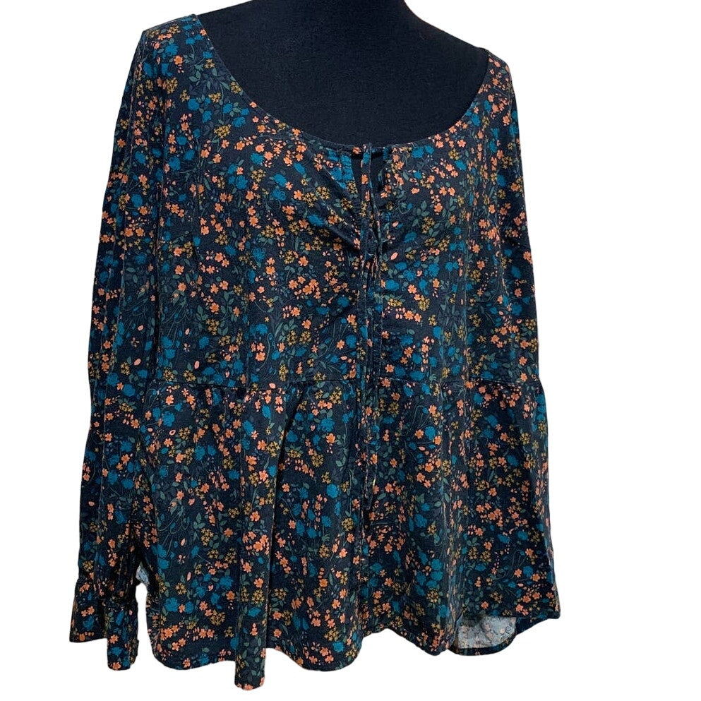 Ava &amp; Viv 2X Floral Long Sleeve Scoop Neck Boho Lightweight Cotton Blend Blouse