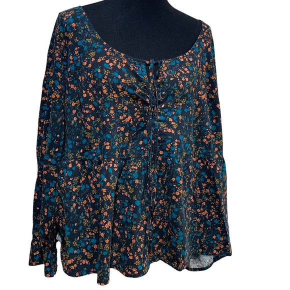 Ava & Viv 2X Floral Long Sleeve Scoop Neck Boho Lightweight Cotton Blend Blouse