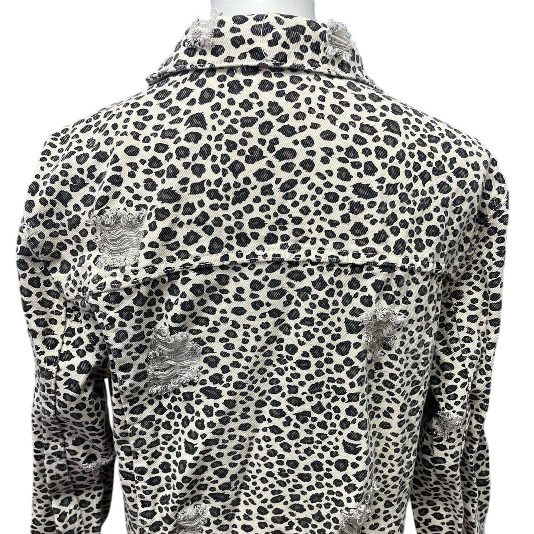 Carole Christian Small Distressed Button Up Leopard Print Cotton Denim Long Coat
