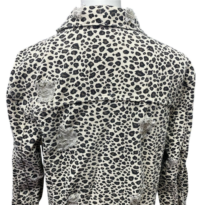 Carole Christian Small Distressed Button Up Leopard Print Cotton Denim Long Coat