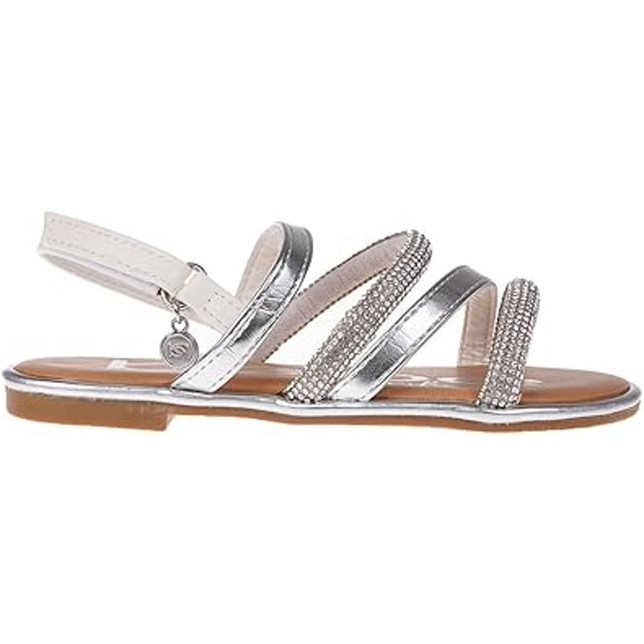 Bebe Little Girls Size 12 Silver Rhinestone Hook Loop Open Toe Flat Sandal Shoes