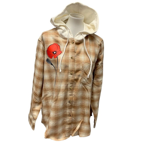 New Hand Printed Womens XL Red Poppy Flower Long Sleeve Plaid Flannel Hoodie