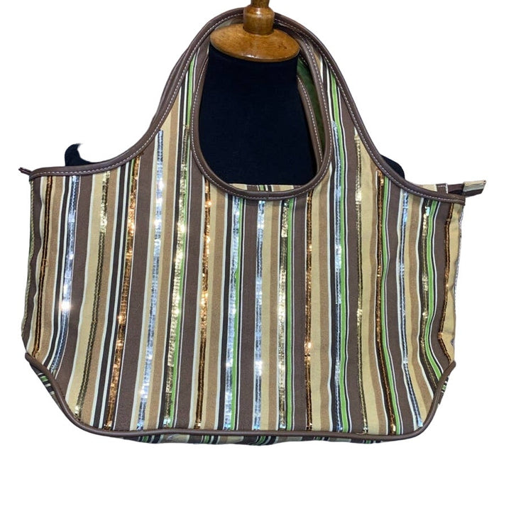 Sequin Striped Green Gold Brown Cotton Canvas Handbag Purse Tote Bag
