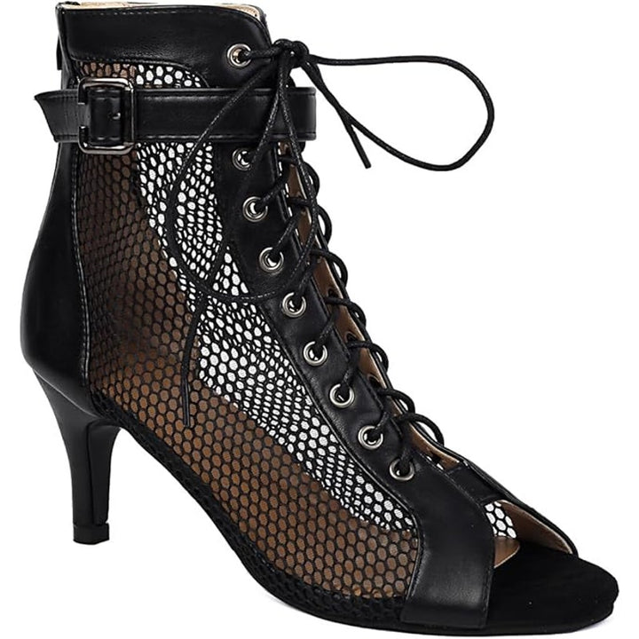 Utikliou Womens Size 5.5 Black Mesh Peep Toe High Top 3" Heel Lace Up Boots