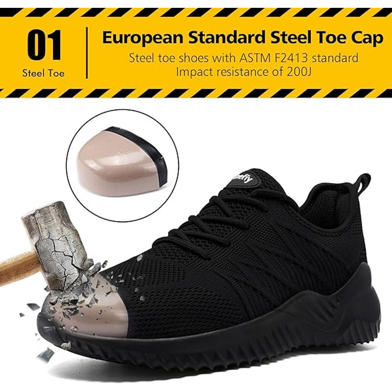 Tinefiy Womens Size 6.5 Black Sneakers Lace Up Low Top Round Steel Toe Shoes