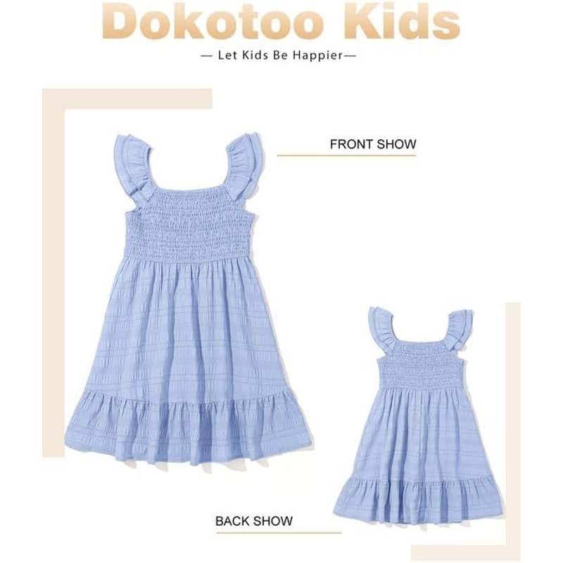 Dokotoo Girls Large Sky Blue Polyester Blend Sleeveless Smocked A Line Dress