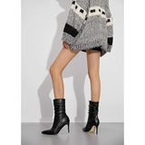 Vivianly Womens 9 Black Faux Leather Pointed Toe 3.5" Heel Slouch Ankle Boots