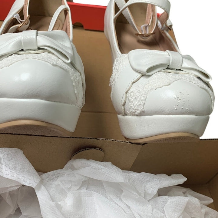 Foreada Womens 6.5 White Lace Bow 3.5" Platform Heel Mary Jane Closed Toe Shoes