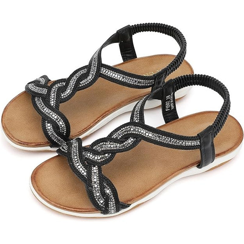Ubfen Womens Size 11.5 Black Silver Open Toe Elastic Ankle Strap Comfort Sandals