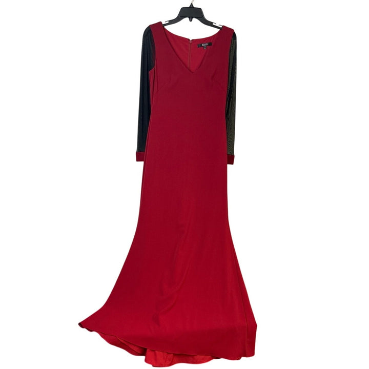 Badgley Mischka Women Size 4 Long Red Black Ruby Illusion Long Sleeve Gown Dress