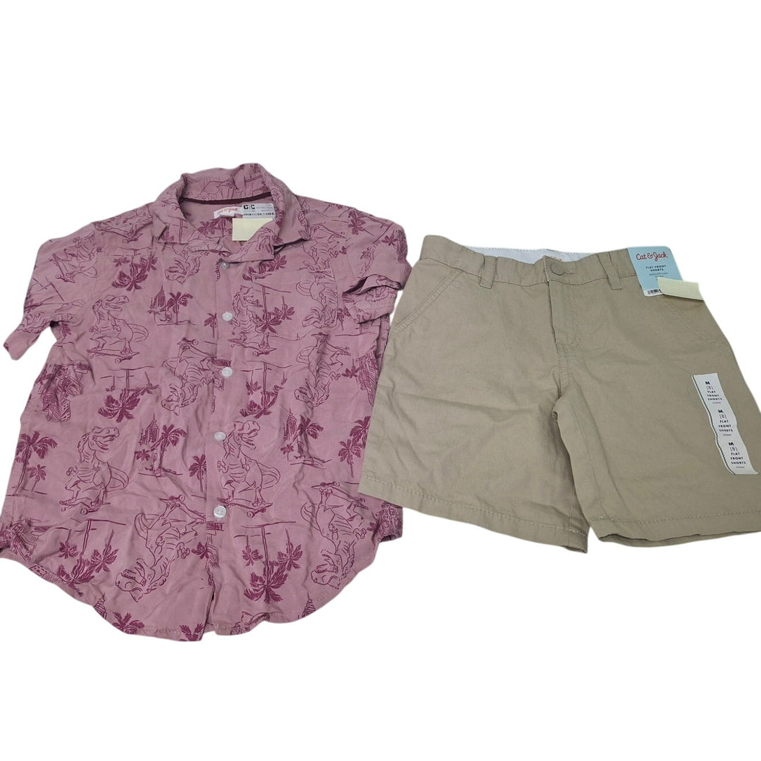 New Cat &amp; Jack Boys Medium Dinosaur Surfer Shirt w Khaki Shorts Outfit Set