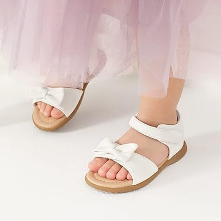 Dream Pairs Toddler Girls Size 8 White Adjustable Hook &amp; Loop Bow Sandals Shoes