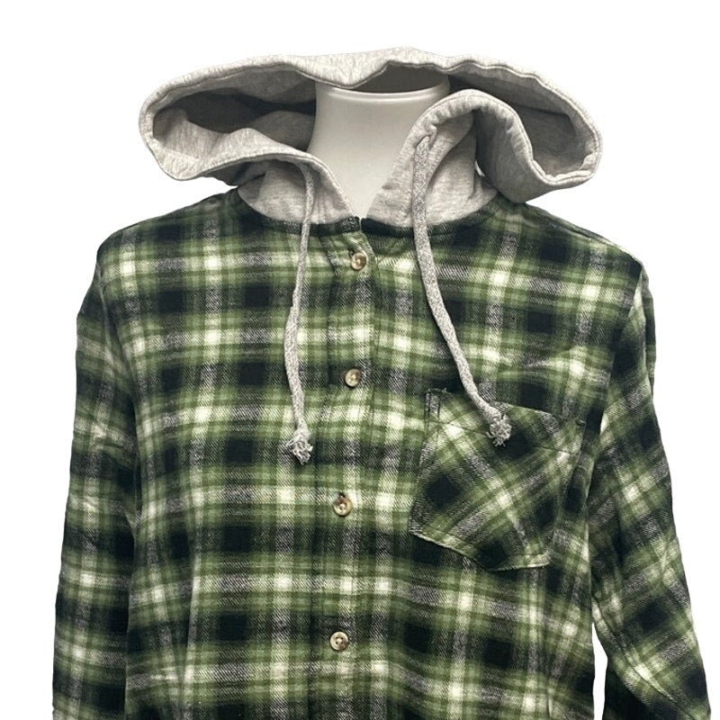 New Time and Tru Womens Green Long Sleeve Plaid Flannel Cotton Blend Hoodie