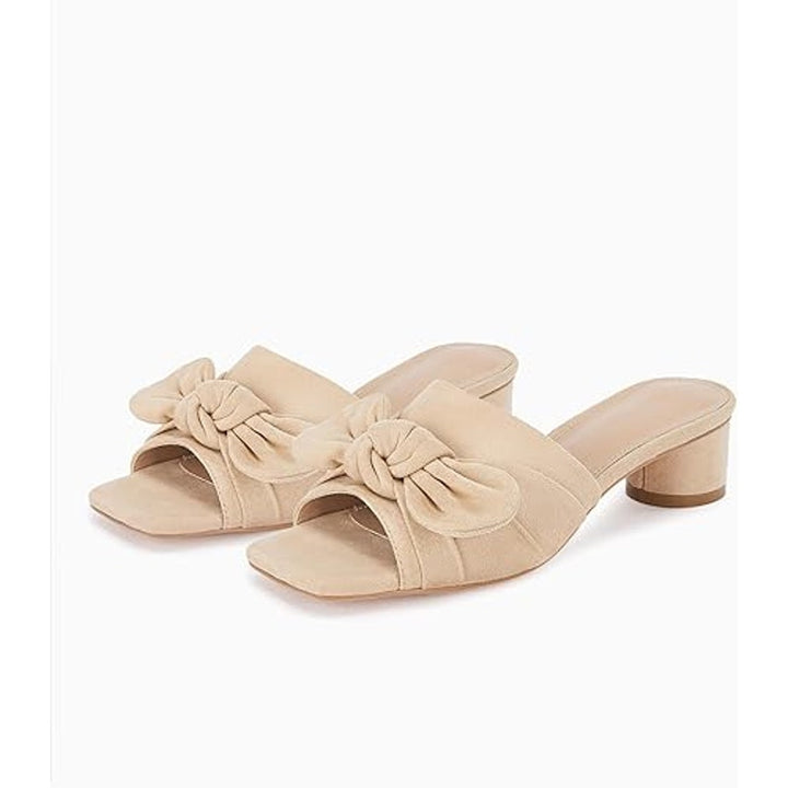 Coutgo Women Size 11 Tan Soft Faux Suede Bow Open Toe 2" Block Heel Sandal Shoes