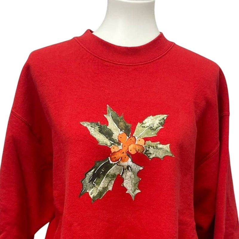 Hand Printed XL Upcycled Christmas Holly Leaves Berries Crew Neck Sweatshirt